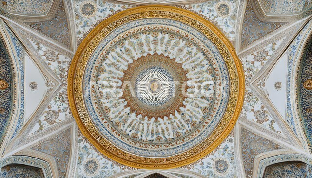 Distinctive designs and interior decorations of mosques in the Islamic style, engineering and architectural art in construction, close-up image of mosque ceiling decorations in the Kingdom of Saudi Arabia, spiritual religious atmosphere, sacred Islamic places