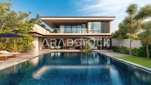 الديكورات والتصاميم  الخارجيه الحديثة لبيت فاخر عصري مع مسبح ، شاليهات ومنتجعات فاخره ،  الفن الهندسي المعماري على الطراز الحديث للفلل والشقق السكنية في المملكه العربيه السعوديه ،  الاهتمام في زراعه النباتات الخضراء في حديقة المنزل