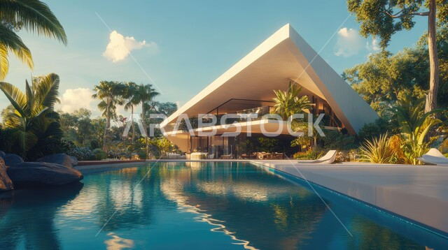 Modern decorations and designs for a modern luxury house with a swimming pool, luxury chalets and resorts, modern architectural art for villas and residential apartments in the Kingdom of Saudi Arabia, interest in planting green plants in the home garden