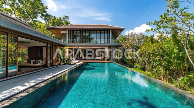 الديكورات والتصاميم الخارجيه  الحديثة لبيت فاخر عصري مع مسبح ، شاليهات ومنتجعات فاخره ،  الفن الهندسي المعماري على الطراز الحديث للفلل والشقق السكنية في المملكه العربيه السعوديه ،  الاهتمام في زراعه النباتات الخضراء في حديقة المنزل