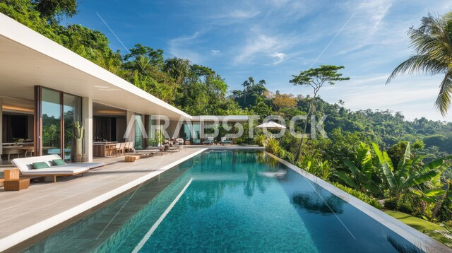 الديكورات والتصاميم الخارجيه  الحديثة لبيت فاخر عصري مع مسبح ، شاليهات ومنتجعات فاخره ،  الفن الهندسي المعماري على الطراز الحديث للفلل والشقق السكنية في المملكه العربيه السعوديه ،  الاهتمام في زراعه النباتات الخضراء في حديقة المنزل