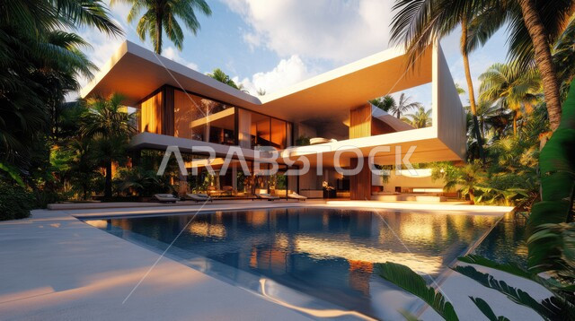 الاهتمام في زراعه النباتات الخضراء في حديقة المنزل، الديكورات والتصاميم الخارجيه الحديثة لبيت فاخر عصري مع مسبح ، شاليهات ومنتجعات فاخره ،  الفن الهندسي المعماري على الطراز الحديث للفلل والشقق السكنية في المملكه العربيه السعوديه 