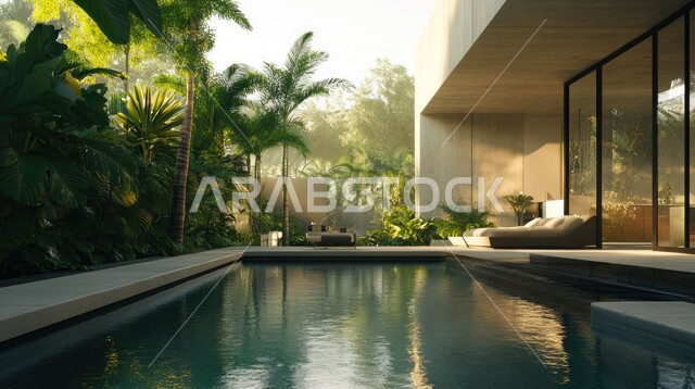 الفن الهندسي المعماري على الطراز الحديث للفلل والشقق السكنية في المملكه العربيه السعوديه ،الاهتمام في زراعه النباتات الخضراء في حديقة المنزل، الديكورات والتصاميم الخارجيه  الحديثة لبيت فاخر عصري مع مسبح ، شاليهات ومنتجعات فاخره