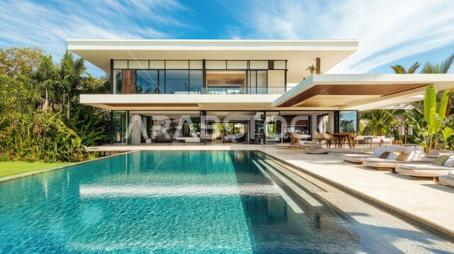 الفن الهندسي المعماري على الطراز الحديث للفلل والشقق السكنية في المملكه العربيه السعوديه ،الاهتمام في زراعه النباتات الخضراء في حديقة المنزل، الديكورات والتصاميم الخارجيه  الحديثة لبيت فاخر عصري مع مسبح ، شاليهات ومنتجعات فاخره