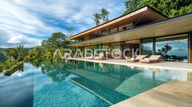 الديكورات والتصاميم الخارجيه  الحديثة لبيت فاخر عصري مع مسبح ، شاليهات ومنتجعات فاخره ،  الفن الهندسي المعماري على الطراز الحديث للفلل والشقق السكنية في المملكه العربيه السعوديه ،  الاهتمام في زراعه النباتات الخضراء في حديقة المنزل