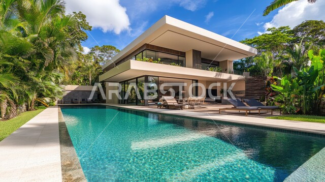 الاهتمام في زراعه النباتات الخضراء في حديقة المنزل، الديكورات والتصاميم  الخارجيه الحديثة لبيت فاخر عصري مع مسبح ، شاليهات ومنتجعات فاخره ،  الفن الهندسي المعماري على الطراز الحديث للفلل والشقق السكنية في المملكه العربيه السعوديه 