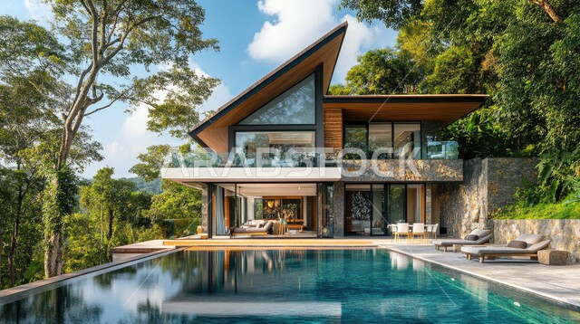 الفن الهندسي المعماري على الطراز الحديث للفلل والشقق السكنية في المملكه العربيه السعوديه ،الاهتمام في زراعه النباتات الخضراء في حديقة المنزل، الديكورات والتصاميم الخارجيه  الحديثة لبيت فاخر عصري مع مسبح ، شاليهات ومنتجعات فاخره