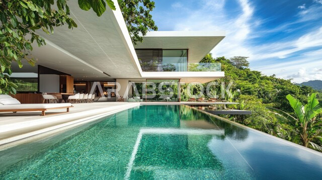 أماكن ترفيهية سياحية في المناطق الاستوائية، تصاميم عصرية مع واجهات زجاجية مطلة على حوض السباحة، الفن الهندسي المعماري على الطراز الحديث للفلل والشقق السكنية في المملكة العربية السعودية، ديكورات خارجية للمنازل مبتكرة وحديثة، الاهتمام بزراعة الاشجار الخضراء