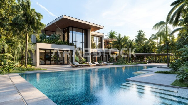 ديكورات خارجية غريبة للمنازل مبتكرة وحديثة، أماكن ترفيهية في المناطق السياحية، تصاميم عصرية مع واجهات زجاجية مطلة على حوض السباحة، الفن الهندسي المعماري على الطراز الحديث للفلل والشقق السكنية في المملكة العربية السعودية، الاهتمام بزراعة الاشجار الخضراء