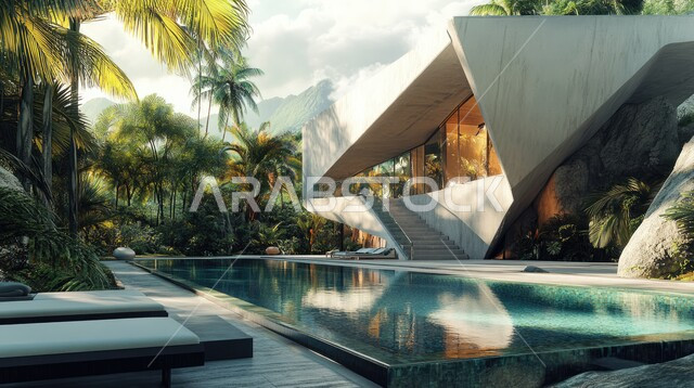 ديكورات خارجية غريبة للمنازل مبتكرة وحديثة، أماكن ترفيهية في المناطق السياحية، تصاميم عصرية مع واجهات زجاجية مطلة على حوض السباحة، الفن الهندسي المعماري على الطراز الحديث للفلل والشقق السكنية في المملكة العربية السعودية، الاهتمام بزراعة الاشجار الخضراء