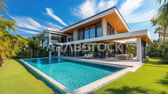 ديكورات خارجية غريبة للمنازل مبتكرة وحديثة، أماكن ترفيهية في المناطق السياحية، تصاميم عصرية مع واجهات زجاجية مطلة على حوض السباحة، الفن الهندسي المعماري على الطراز الحديث للفلل والشقق السكنية في المملكة العربية السعودية، الاهتمام بزراعة الاشجار الخضراء