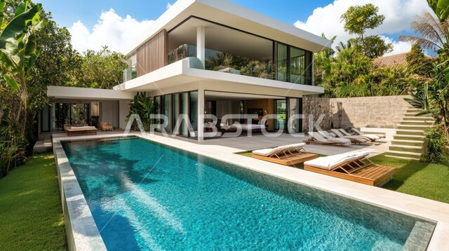 ديكورات خارجية غريبة للمنازل مبتكرة وحديثة، أماكن ترفيهية في المناطق السياحية، تصاميم عصرية مع واجهات زجاجية مطلة على حوض السباحة، الفن الهندسي المعماري على الطراز الحديث للفلل والشقق السكنية في المملكة العربية السعودية، الاهتمام بزراعة الاشجار الخضراء