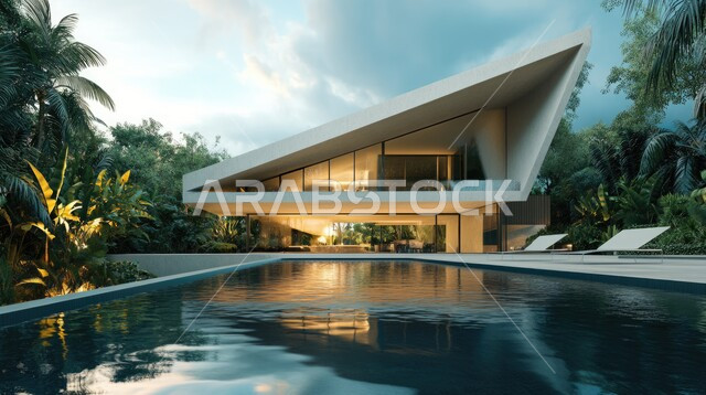 ديكورات خارجية غريبة للمنازل مبتكرة وحديثة، أماكن ترفيهية في المناطق السياحية، تصاميم عصرية مع واجهات زجاجية مطلة على حوض السباحة، الفن الهندسي المعماري على الطراز الحديث للفلل والشقق السكنية في المملكة العربية السعودية، الاهتمام بزراعة الاشجار الخضراء