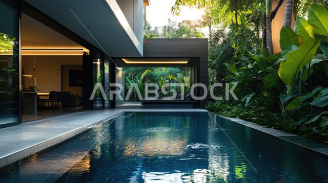 ديكورات خارجية غريبة للمنازل مبتكرة وحديثة، أماكن ترفيهية في المناطق السياحية، تصاميم عصرية مع واجهات زجاجية مطلة على حوض السباحة، الفن الهندسي المعماري على الطراز الحديث للفلل والشقق السكنية في المملكة العربية السعودية، الاهتمام بزراعة الاشجار الخضراء