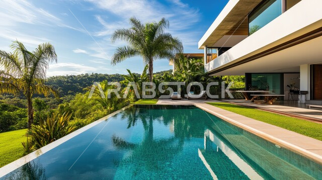 ديكورات خارجية غريبة للمنازل مبتكرة وحديثة، أماكن ترفيهية في المناطق السياحية، تصاميم عصرية مع واجهات زجاجية مطلة على حوض السباحة، الفن الهندسي المعماري على الطراز الحديث للفلل والشقق السكنية في المملكة العربية السعودية، الاهتمام بزراعة الاشجار الخضراء