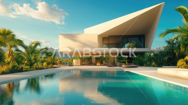 ديكورات خارجية غريبة للمنازل مبتكرة وحديثة، أماكن ترفيهية في المناطق السياحية، تصاميم عصرية مع واجهات زجاجية مطلة على حوض السباحة، الفن الهندسي المعماري على الطراز الحديث للفلل والشقق السكنية في المملكة العربية السعودية، الاهتمام بزراعة الاشجار الخضراء