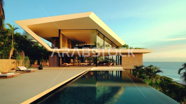 ديكورات خارجية غريبة للمنازل مبتكرة وحديثة، أماكن ترفيهية في المناطق السياحية، تصاميم عصرية مع واجهات زجاجية مطلة على حوض السباحة، الفن الهندسي المعماري على الطراز الحديث للفلل والشقق السكنية في المملكة العربية السعودية، الاهتمام بزراعة الاشجار الخضراء