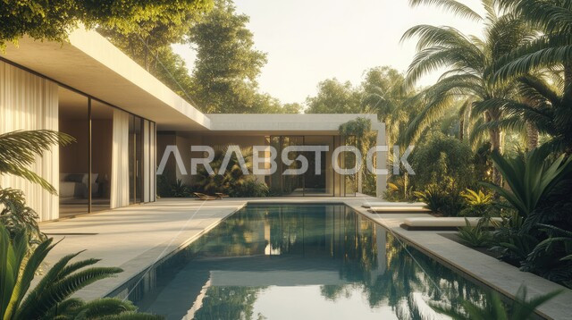 أماكن ومنتجعات ترفيهية، ديكورات خارجية للمنازل مبتكرة وحديثة، تصاميم عصرية مع واجهات زجاجية مطلة على حوض السباحة، الفن الهندسي المعماري على الطراز الحديث للفلل والشقق السكنية في المملكة العربية السعودية، الاهتمام بزراعة الاشجار الخضراء