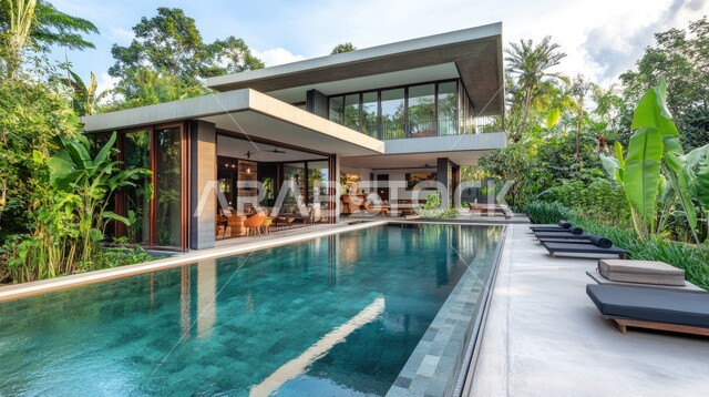 تصاميم عصرية مع واجهات زجاجية مطلة على حوض السباحة، فيلا بيضاء حديثة مع مسبح كبير أمامها، الفن الهندسي المعماري على الطراز الحديث للفلل والشقق السكنية في المملكة العربية السعودية، ديكورات خارجية للمنازل مبتكرة وحديثة، الاهتمام بزراعة الاشجار الخضراء