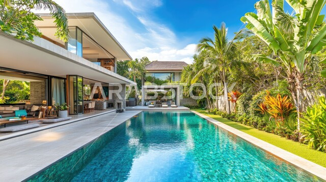 تصاميم عصرية مع واجهات زجاجية مطلة على حوض السباحة، فيلا بيضاء حديثة مع مسبح كبير أمامها، الفن الهندسي المعماري على الطراز الحديث للفلل والشقق السكنية في المملكة العربية السعودية، ديكورات خارجية للمنازل مبتكرة وحديثة، الاهتمام بزراعة الاشجار الخضراء