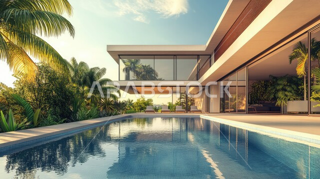 تصاميم عصرية مع واجهات زجاجية مطلة على حوض السباحة، فيلا بيضاء حديثة مع مسبح كبير أمامها، الفن الهندسي المعماري على الطراز الحديث للفلل والشقق السكنية في المملكة العربية السعودية، ديكورات خارجية للمنازل مبتكرة وحديثة، الاهتمام بزراعة الاشجار الخضراء