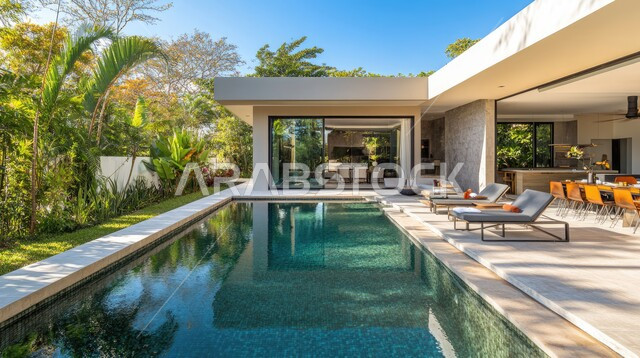 تصاميم عصرية مع واجهات زجاجية مطلة على حوض السباحة، فيلا بيضاء حديثة مع مسبح كبير أمامها، الفن الهندسي المعماري على الطراز الحديث للفلل والشقق السكنية في المملكة العربية السعودية، ديكورات خارجية للمنازل مبتكرة وحديثة، الاهتمام بزراعة الاشجار الخضراء