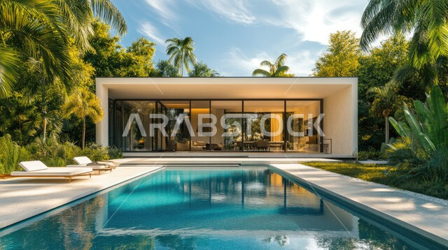 تصاميم عصرية مع واجهات زجاجية مطلة على حوض السباحة، فيلا بيضاء حديثة مع مسبح كبير أمامها، الفن الهندسي المعماري على الطراز الحديث للفلل والشقق السكنية في المملكة العربية السعودية، ديكورات خارجية للمنازل مبتكرة وحديثة، الاهتمام بزراعة الاشجار الخضراء