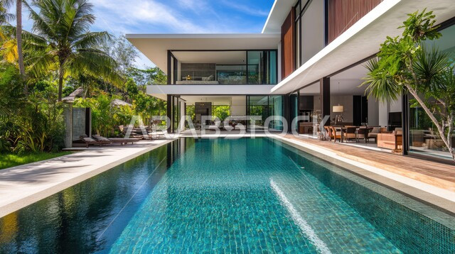 تصاميم عصرية مع واجهات زجاجية مطلة على حوض السباحة، فيلا بيضاء حديثة مع مسبح كبير أمامها، الفن الهندسي المعماري على الطراز الحديث للفلل والشقق السكنية في المملكة العربية السعودية، ديكورات خارجية للمنازل مبتكرة وحديثة، الاهتمام بزراعة الاشجار الخضراء