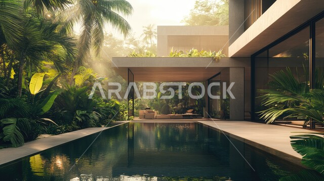 فيلا بيضاء حديثة مع مسبح كبير أمامها، الفن الهندسي المعماري على الطراز الحديث للفلل والشقق السكنية في المملكة العربية السعودية، تصاميم فاخرة لحوض سباحة متميز، نوافذ وواجهات زجاجية ضخمة، ديكورات خارجية للمنازل مبتكرة وحديثة، الاهتمام بزراعة الاشجار الخضراء