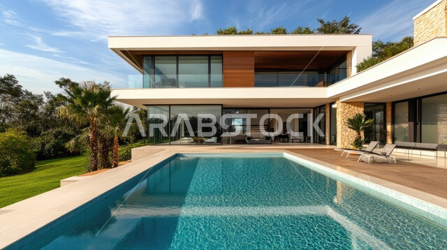 فيلا بيضاء حديثة مع مسبح كبير أمامها، الفن الهندسي المعماري على الطراز الحديث للفلل والشقق السكنية في المملكة العربية السعودية، تصاميم فاخرة لحوض سباحة متميز، نوافذ وواجهات زجاجية ضخمة، ديكورات خارجية للمنازل مبتكرة وحديثة، الاهتمام بزراعة الاشجار الخضراء