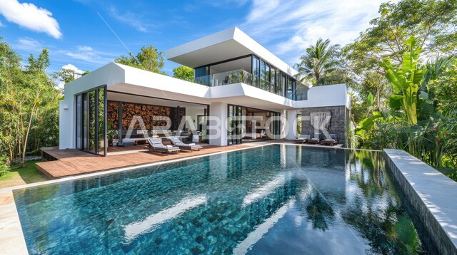 فيلا بيضاء حديثة مع مسبح كبير أمامها، الفن الهندسي المعماري على الطراز الحديث للفلل والشقق السكنية في المملكة العربية السعودية، تصاميم فاخرة لحوض سباحة متميز، نوافذ وواجهات زجاجية ضخمة، ديكورات خارجية للمنازل مبتكرة وحديثة، الاهتمام بزراعة الاشجار الخضراء