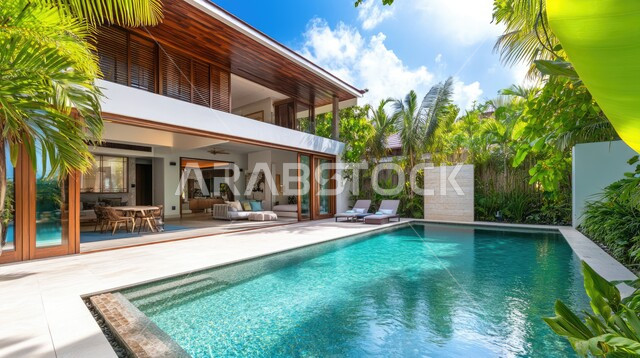 فيلا بيضاء حديثة مع مسبح كبير أمامها، الفن الهندسي المعماري على الطراز الحديث للفلل والشقق السكنية في المملكة العربية السعودية، تصاميم فاخرة لحوض سباحة متميز، نوافذ وواجهات زجاجية ضخمة، ديكورات خارجية للمنازل مبتكرة وحديثة، الاهتمام بزراعة الاشجار الخضراء