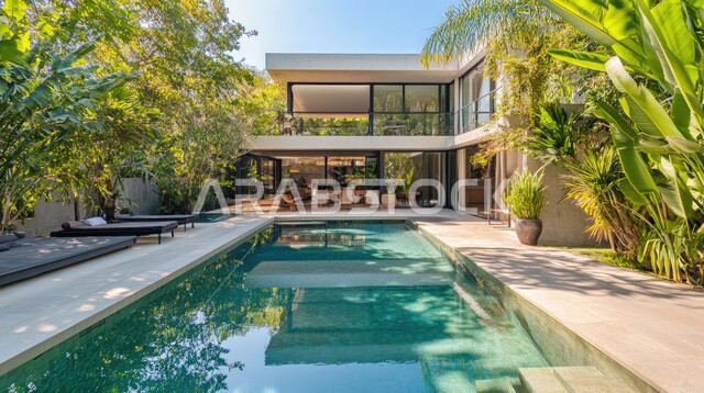 فيلا بيضاء حديثة مع مسبح كبير أمامها، الفن الهندسي المعماري على الطراز الحديث للفلل والشقق السكنية في المملكة العربية السعودية، تصاميم فاخرة لحوض سباحة متميز، نوافذ وواجهات زجاجية ضخمة، ديكورات خارجية للمنازل مبتكرة وحديثة، الاهتمام بزراعة الاشجار الخضراء