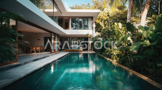 فيلا بيضاء حديثة مع مسبح كبير أمامها، الفن الهندسي المعماري على الطراز الحديث للفلل والشقق السكنية في المملكة العربية السعودية، تصاميم فاخرة لحوض سباحة متميز، نوافذ وواجهات زجاجية ضخمة، ديكورات خارجية للمنازل مبتكرة وحديثة، الاهتمام بزراعة الاشجار الخضراء