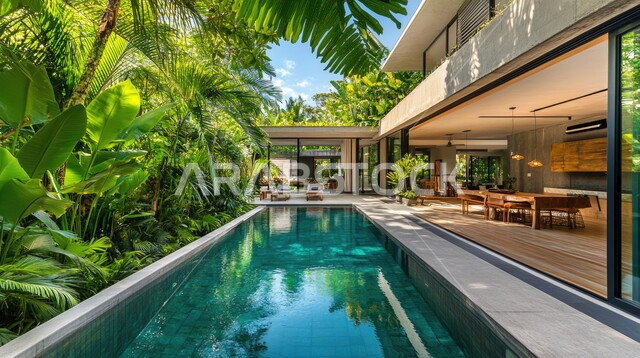 فيلا بيضاء حديثة مع مسبح كبير أمامها، الفن الهندسي المعماري على الطراز الحديث للفلل والشقق السكنية في المملكة العربية السعودية، تصاميم فاخرة لحوض سباحة متميز، نوافذ وواجهات زجاجية ضخمة، ديكورات خارجية للمنازل مبتكرة وحديثة، الاهتمام بزراعة الاشجار الخضراء