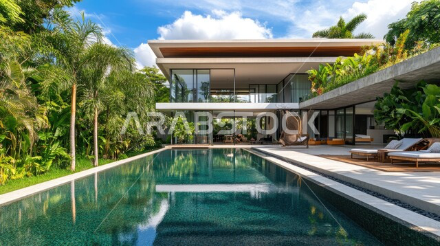 الفن الهندسي المعماري على الطراز الحديث للفلل والشقق السكنية في المملكة العربية السعودية، تصاميم فاخرة لحوض سباحة متميز، نوافذ وواجهات زجاجية ضخمة، ديكورات خارجية للمنازل مبتكرة وحديثة، الاهتمام بزراعة الاشجار الخضراء، فيلا بيضاء حديثة مع مسبح كبير أمامها