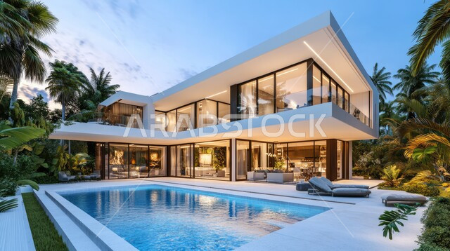 الفن الهندسي المعماري على الطراز الحديث للفلل والشقق السكنية في المملكة العربية السعودية، تصاميم فاخرة لحوض سباحة متميز، نوافذ وواجهات زجاجية ضخمة، ديكورات خارجية للمنازل مبتكرة وحديثة، الاهتمام بزراعة الاشجار الخضراء، فيلا بيضاء حديثة مع مسبح كبير أمامها