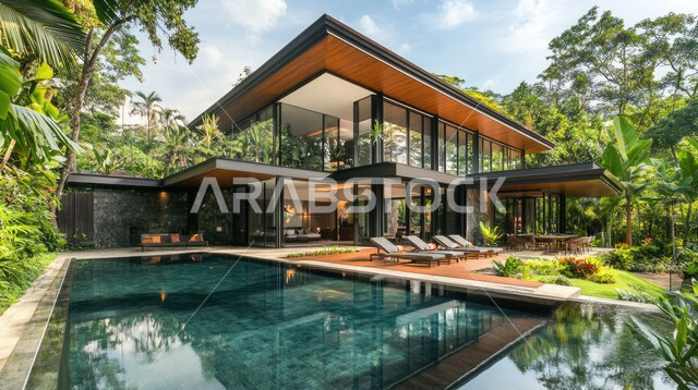 الفن الهندسي المعماري على الطراز الحديث للفلل والشقق السكنية في المملكة العربية السعودية، تصاميم فاخرة لحوض سباحة متميز، نوافذ وواجهات زجاجية ضخمة، ديكورات خارجية للمنازل مبتكرة وحديثة، الاهتمام بزراعة الاشجار الخضراء، فيلا بيضاء حديثة مع مسبح كبير أمامها