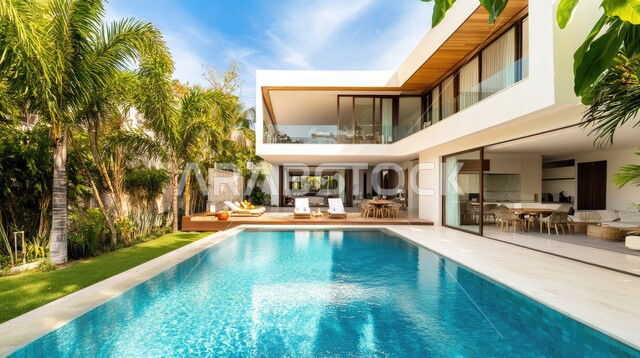 الفن الهندسي المعماري على الطراز الحديث للفلل والشقق السكنية في المملكة العربية السعودية، تصاميم فاخرة لحوض سباحة متميز، نوافذ وواجهات زجاجية ضخمة، ديكورات خارجية للمنازل مبتكرة وحديثة، الاهتمام بزراعة الاشجار الخضراء، فيلا بيضاء حديثة مع مسبح كبير أمامها