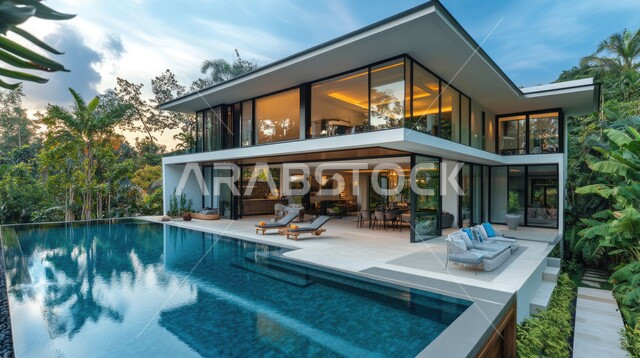 الفن الهندسي المعماري على الطراز الحديث للفلل والشقق السكنية في المملكة العربية السعودية، تصاميم فاخرة لحوض سباحة متميز، نوافذ وواجهات زجاجية ضخمة، ديكورات خارجية للمنازل مبتكرة وحديثة، الاهتمام بزراعة الاشجار الخضراء، فيلا بيضاء حديثة مع مسبح كبير أمامها