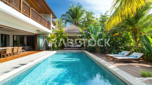 الفن الهندسي المعماري على الطراز الحديث للفلل والشقق السكنية في المملكة العربية السعودية، تصاميم فاخرة لحوض سباحة متميز، نوافذ وواجهات زجاجية ضخمة، ديكورات خارجية للمنازل مبتكرة وحديثة، الاهتمام بزراعة الاشجار الخضراء، فيلا بيضاء حديثة مع مسبح كبير أمامها