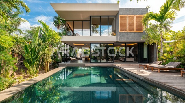 الفن الهندسي المعماري على الطراز الحديث للفلل والشقق السكنية في المملكة العربية السعودية، تصاميم فاخرة لحوض سباحة متميز، نوافذ وواجهات زجاجية ضخمة، ديكورات خارجية للمنازل مبتكرة وحديثة، الاهتمام بزراعة الاشجار الخضراء، فيلا بيضاء حديثة مع مسبح كبير أمامها