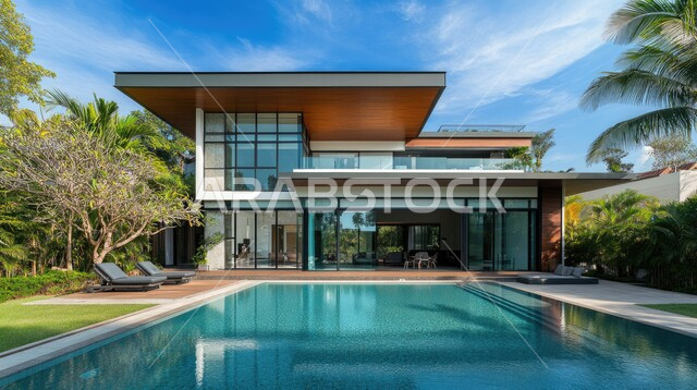 الفن الهندسي المعماري على الطراز الحديث للفلل والشقق السكنية في المملكة العربية السعودية، تصاميم فاخرة لحوض سباحة متميز، نوافذ وواجهات زجاجية ضخمة، ديكورات خارجية للمنازل مبتكرة وحديثة، الاهتمام بزراعة الاشجار الخضراء، فيلا بيضاء حديثة مع مسبح كبير أمامها