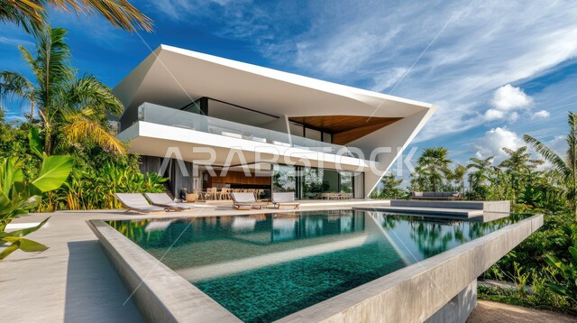 الفن الهندسي المعماري على الطراز الحديث للفلل والشقق السكنية في المملكة العربية السعودية، تصاميم فاخرة لحوض سباحة متميز، نوافذ وواجهات زجاجية ضخمة، ديكورات خارجية للمنازل مبتكرة وحديثة، الاهتمام بزراعة الاشجار الخضراء، فيلا بيضاء حديثة مع مسبح كبير أمامها