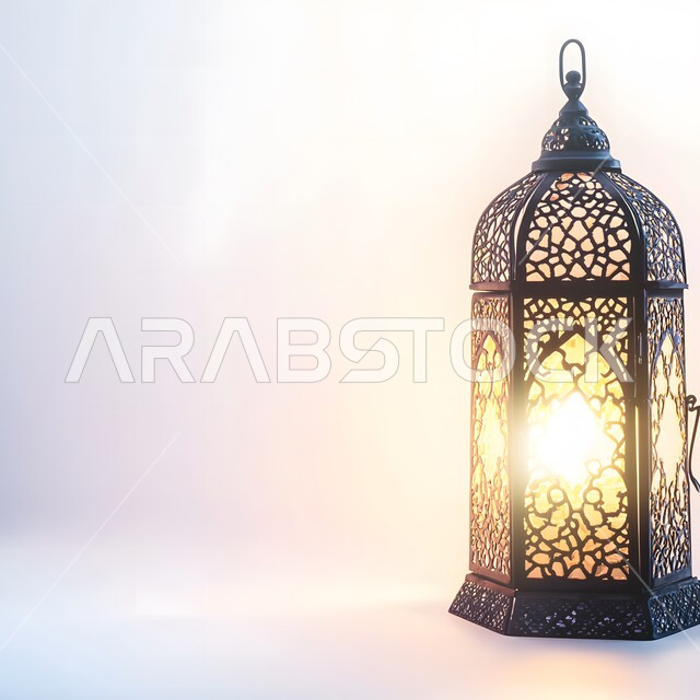رسوم توضيحية لفانوس عربي مزخرف مضيء، تحف واكسسوارات متميزة، ديكورات الأجواء الرمضانية الروحانية، فوانيس تقليدية للاحتفال بقدوم شهر الخير, المناسبات والأعياد الدينية الإسلامية، مفهوم العبادة والتقرب الى الله 