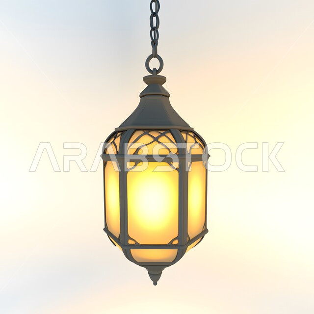 رسوم توضيحية لفانوس عربي مزخرف مضيء معلق، تحف واكسسوارات متميزة، ديكورات الأجواء الرمضانية الروحانية، فوانيس تقليدية للاحتفال بقدوم شهر الخير, المناسبات والأعياد الدينية الإسلامية، مفهوم العبادة والتقرب الى الله 