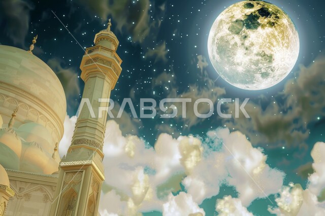 مئذنة مسجد تحت سماء مرصعة بالنجوم، الديكورات العصرية على الطراز الحديث لبناء المساجد, أجواء روحانية إسلامية, المعالم الإسلامية المقدسة، مقصد المسلمين لأداء الصلوات، العبادة والتقرب الى الله تعالى, خلفية سوداء صورة توضيحية لمسجد إسلامي عصري