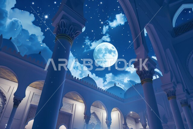 مئذنة مسجد تحت سماء مرصعة بالنجوم، الديكورات العصرية على الطراز الحديث لبناء المساجد, أجواء روحانية إسلامية, المعالم الإسلامية المقدسة، مقصد المسلمين لأداء الصلوات، العبادة والتقرب الى الله تعالى, خلفية سوداء صورة توضيحية لمسجد إسلامي عصري