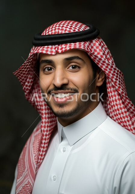 الاهتمام بالأناقة والمظهر الخارجي، الصور الشخصية للوثائق الرسمية، مفهوم الرجولة والثقة بالنفس، بورتريه مقرب لرجل عربي خليجي سعودي ذو شعر قصير داكن ولحية مشذبة يرتدي الشماغ والزي التقليدي ينظر الى الكاميرا بتعابير السرور
