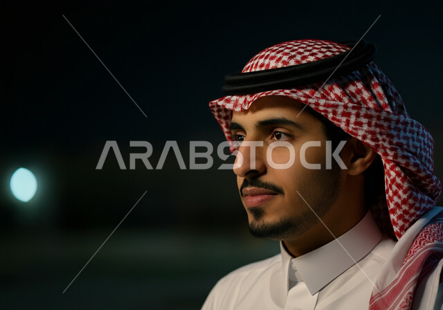 الاهتمام بالأناقة والمظهر الخارجي، الصور الشخصية للوثائق الرسمية، مفهوم الرجولة والثقة بالنفس، بورتريه جانبي مقرب لرجل عربي خليجي سعودي ذو شعر قصير داكن ولحية مشذبة يرتدي الشماغ والزي التقليدي 